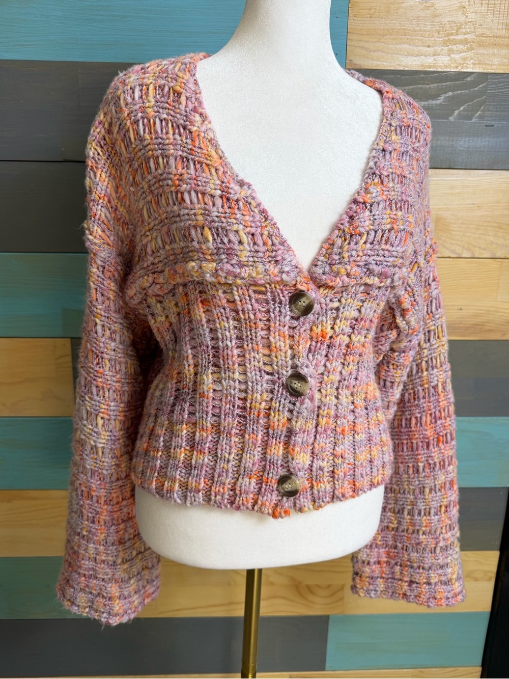 Lush Multicolor Open Weave V-Neck Cropped Cardigan Bell Sleeves